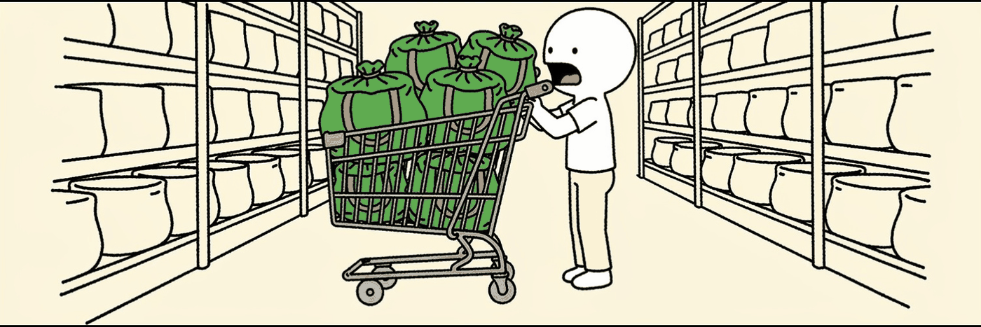 A shopper in a supermarket aisle pushing a trolley heaped with green reusable totes, past shelves stacked with more totes